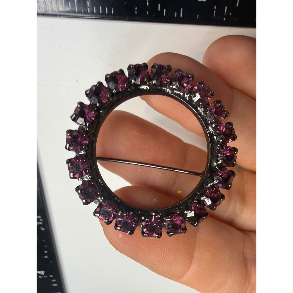 Vintage Purple Rhinestone Circle Brooch Gunmetal Tone Wreath Pin Amethyst Color